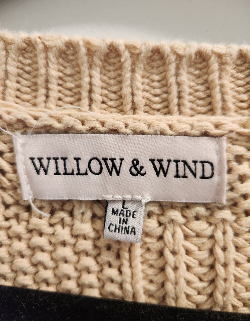Cream Cropped Knit Sweater - Classic Crewneck - Checkered Knit Detail - Picture 4 of 7